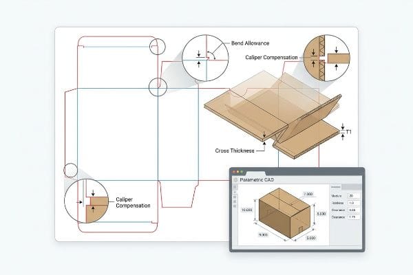 Dieline Engineering Parameters Packaging dieline diagram with magnified views of Bend Allowance, Caliper Compensation, and Cross Thickness, alongside a Parametric CAD software displaying a 3D corrugated box model.