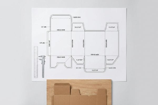 Box Dieline Blueprint Caliper A detailed dieline blueprint for a corrugated box, showing Cut Lines, Crease Marks, Bleed Zones, and Glue Flaps, with a ruler and caliper.