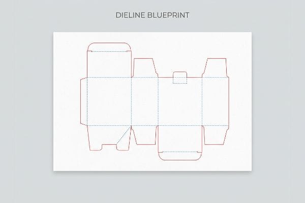 An overhead view displays a detailed Dieline Blueprint for custom packaging, featuring red solid cut lines and blue dashed crease lines on a white sheet.