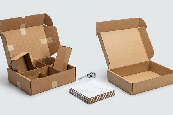 Packaging Design Simplification Brown corrugated boxes, one with multi-piece internal dividers, next to a dieline blueprint and measuring tape, showcasing packaging design.