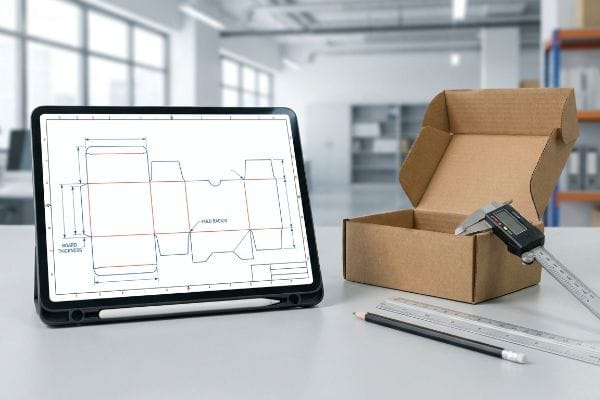 An open corrugated box with a digital caliper, beside a tablet displaying a CAD dieline for custom packaging, showing Board Thickness and Hold Radius.