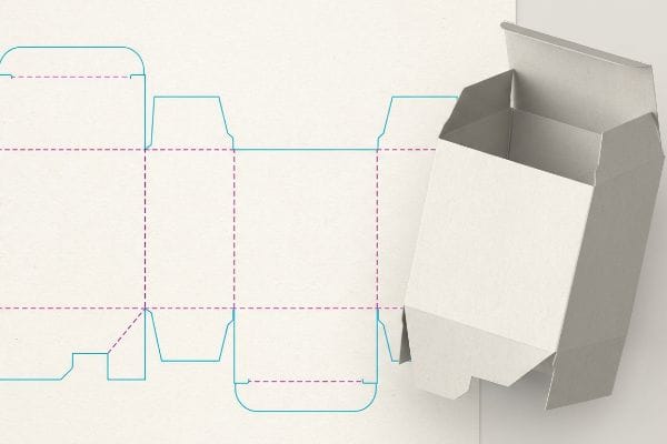 A flat dieline structural template with blue cut and pink fold lines is shown next to a partially assembled white cardboard box, illustrating packaging design.