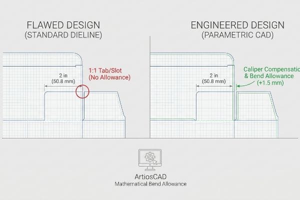 Dieline Compensation Comparison A technical diagram illustrates the difference between Flawed Design (Standard Dieline) with 1:1 Tab/Slot (No Allowance) and Engineered Design (Parametric CAD) featuring Caliper Compensation & Bend Allowance (+1.5 mm) for a 2 in (50.8 mm) tab, utilizing ArtiosCAD.