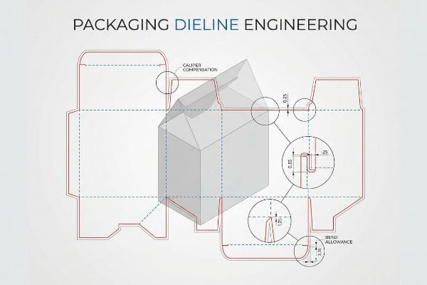 Packaging Dieline Engineering Technical packaging dieline engineering diagram with caliper compensation, bend allowance, and precise measurements for folding carton assembly.