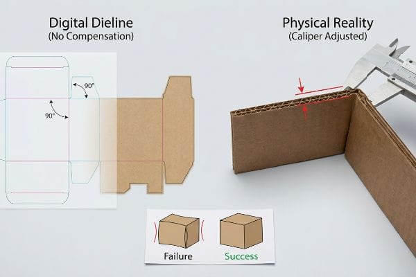 Corrugated cardboard dieline contrasting Digital (No Compensation) with Caliper Adjusted Physical Reality, showing 90-degree folds for box assembly Failure and Success.