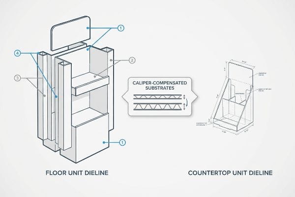 Sustratos para troqueles de pantalla Dibujo técnico de la plantilla para la unidad de piso y la plantilla para la unidad de mostrador, que ilustra los sustratos con compensación de calibre para el espesor del material corrugado.