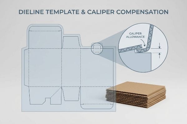 An illustration of a Dieline Template and Caliper Compensation, detailing bend allowance for corrugated board, with a stack of sheets.