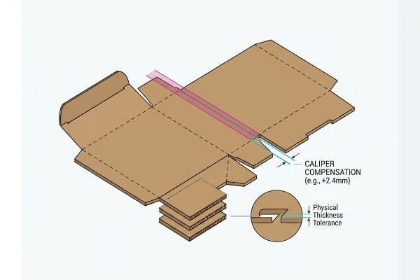 Caliper Compensation Dieline Brown corrugated cardboard dieline illustrating Caliper Compensation (+2.4mm) and Physical Thickness Tolerance for packaging bend allowances.