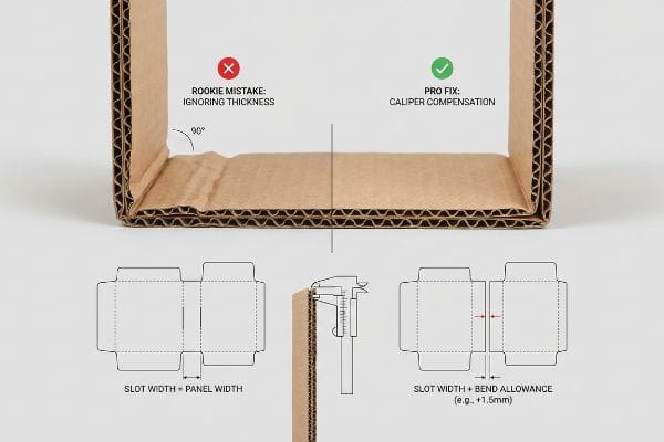Corrugated diagram: Rookie Mistake Ignoring Thickness vs. Pro Fix Caliper Compensation, showing Slot Width and Bend Allowance (+1.5mm).