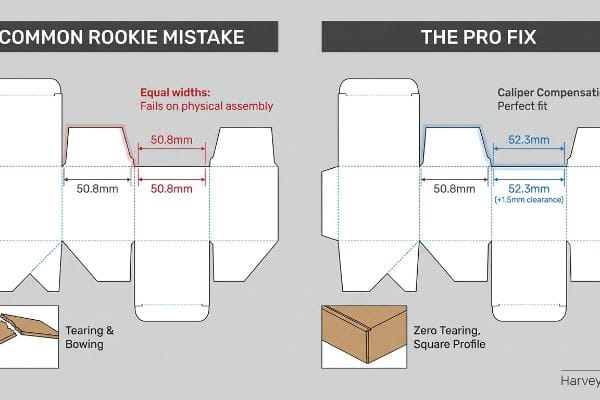 Box dieline comparison: Common Rookie Mistake shows 50.8mm tab/slot causing tearing, while The Pro Fix uses 52.3mm caliper compensation (+1.5mm clearance) for a perfect fit.