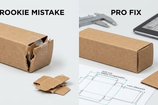 Rookie Mistake Pro Fix Brown cardboard packaging: "Rookie Mistake" torn box vs. "Pro Fix" perfect box, dieline showing Caliper Compensation.