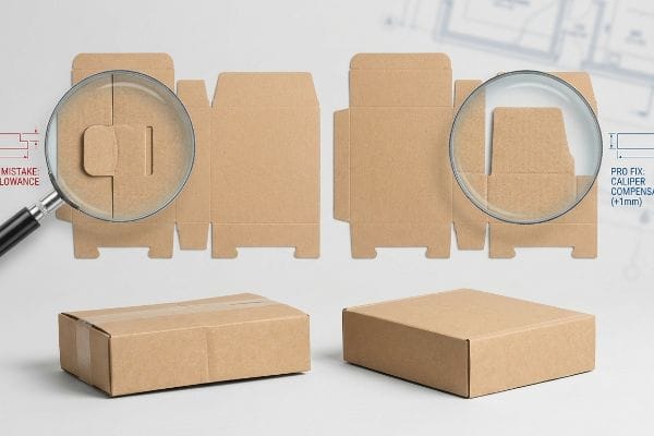 Caliper Compensation Dieline Fix Kraft cardboard dielines show 'Mistake Allowance' tab vs. 'Pro Fix: Caliper Compensation (+1mm)' slot, with corresponding boxes.