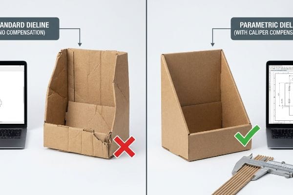 Corrugated display comparison: failed Standard Dieline (No Compensation) vs. perfect Parametric Dieline (With Caliper Compensation), with laptops and caliper.