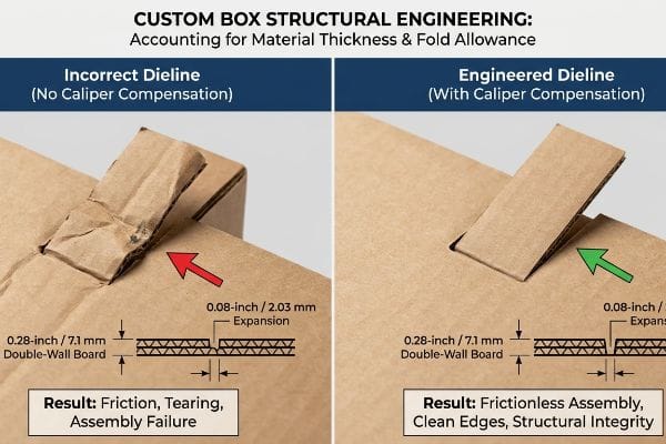 Caliper Compensation Dieline Comparison of incorrect versus engineered dieline for 0.28-inch double-wall corrugated board, highlighting 0.08-inch caliper compensation for frictionless assembly.