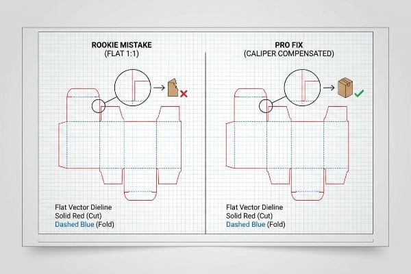 A technical diagram contrasts a Rookie Mistake (Flat 1:1) dieline, showing a tight corner causing a torn box, with a Pro Fix (Caliper Compensated) dieline, featuring a wider slot for bend allowance, ensuring perfect box assembly.