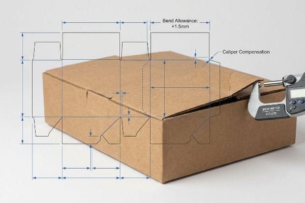 Box Dieline Measurements Brown corrugated cardboard box with dieline overlay illustrating 1.5mm bend allowance and caliper compensation, measured by a Micrometer E-Flute.