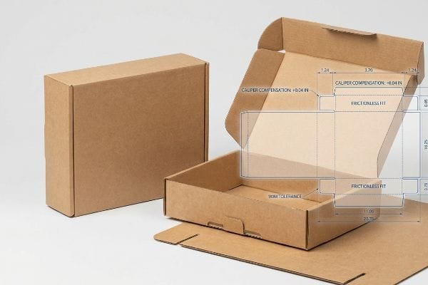 Natural brown corrugated mailer boxes with a dieline overlay showing Caliper Compensation +0.04 in, Frictionless Fit, and 1mm Tolerance.
