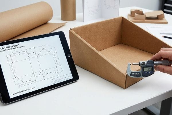 PDQ-Stanzlinienmessung Ein digitales Mikrometer misst eine braune, gewellte PDQ-Schale mit einer Tablette, die eine Stanzlinie anzeigt. Messgenauigkeit: +2,4 mm.