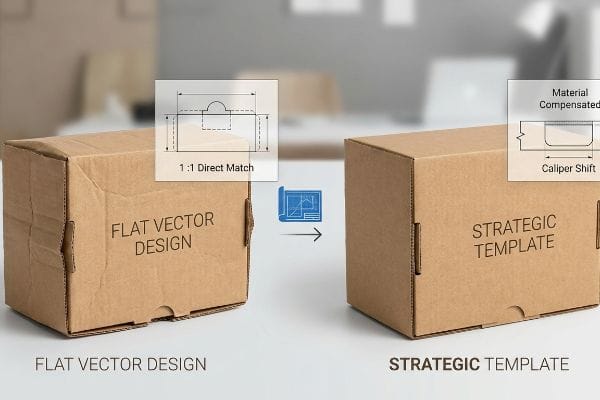 Dieline Caliper Compensation Shift Brown corrugated boxes compare Flat Vector Design (1:1 Direct Match) to Strategic Template (Material Compensated Caliper Shift).