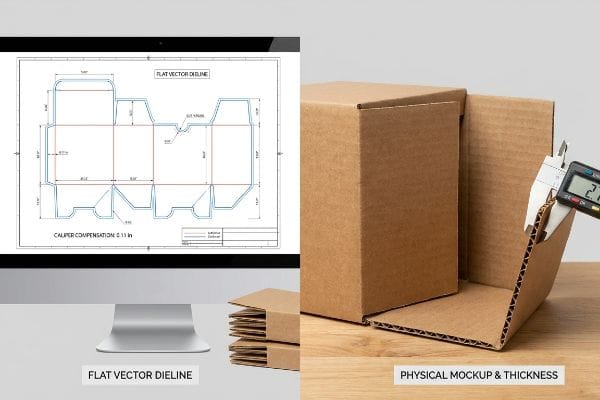 Línea de troquelado, maqueta, espesor Un ordenador muestra una plantilla de vector plano con una compensación de calibre de 0,11 pulgadas, en contraste con una maqueta física de una caja de cartón corrugado y el grosor medido con un calibre digital.