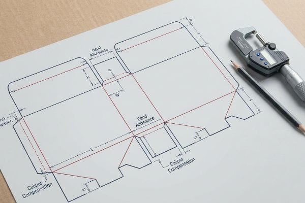 Auf weißem Papier ist eine Verpackungsstanzform mit Angaben zu „Biegezugabe“ und „Messgenauigkeitsausgleich“ abgebildet, die mit einem digitalen Mikrometer und einem Bleistift gemessen wurden.