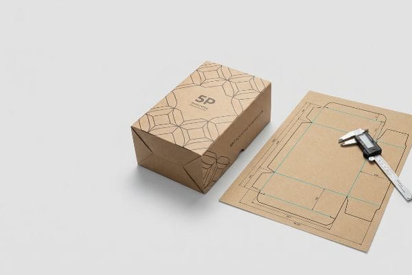 Caixa de papel kraft castanho com a inscrição "5P Packaging Perfection" e padrão geométrico, além de um gabarito de corte e um paquímetro digital para um design de embalagem preciso.