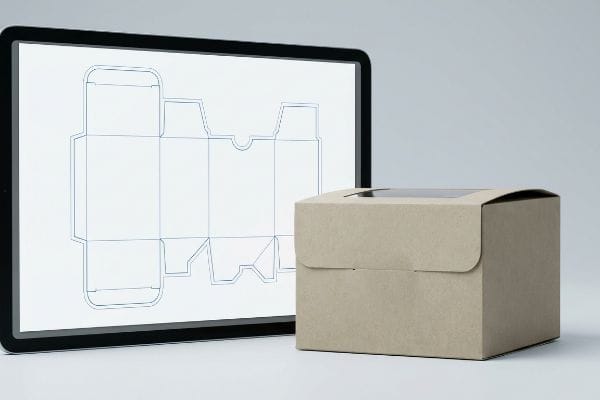 A digital tablet displays a box dieline template next to a brown cardboard window box, illustrating packaging design.