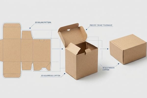 Kraftkarton zeigt die Transformation von einem 2D-Stanzmuster zu einem 3D-montierten Karton und hebt die präzise Rilltoleranz hervor.