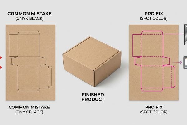 Brown cardboard panels illustrate a Common Mistake CMYK Black dieline, a Finished Product box, and a Pro Fix Spot Color dieline.