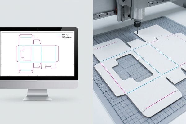 Digital dieline with 100% Cyan and 100% Magenta lines on a monitor, alongside a CNC machine die-cutting paperboard.