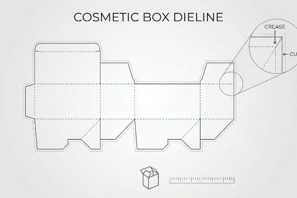 Presenting a detailed Cosmetic Box Dieline, a vector blueprint showing precise cut and crease lines for packaging, with a magnified view of a corner.