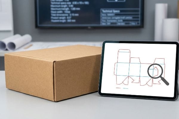 Brown Kraft cardboard box next to a tablet displaying a packaging CAD dieline with red and blue crease lines, magnified for detail.
