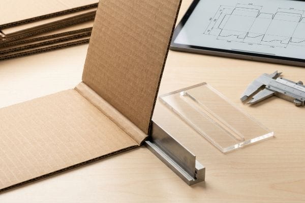 Box Dieline Calibration Corrugated board folds with a metal creasing tool, clear polymer matrix, caliper, and digital dieline on a tablet.