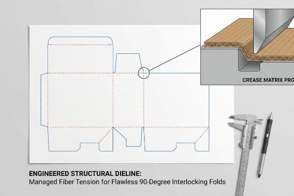 Crease Matrix Profiling Crease Matrix Pro diagram for precise corrugated creasing, ensuring managed fiber tension for flawless 90-degree folds.