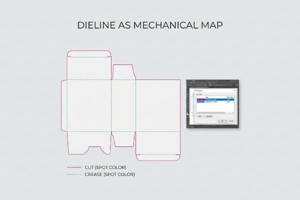 Packaging dieline with magenta 'Cut (Spot Color)' and cyan 'Crease (Spot Color)' lines, titled 'Dieline As Mechanical Map'.