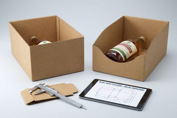 Brown corrugated retail ready packaging trays, one with a custom die-cut swoop, a caliper, and a tablet displaying Retail Ready Packaging - Dieline Engineering.