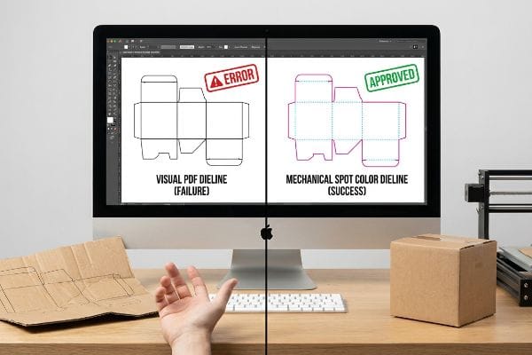 A wooden desk features an iMac displaying a Visual PDF Dieline (Failure) with black lines versus a Mechanical Spot Color Dieline (Success) with magenta and cyan lines for custom box manufacturing.