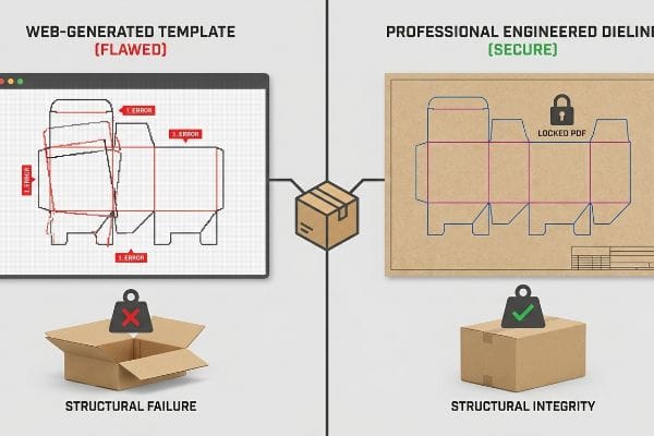 Web-generated dieline errors cause structural failure, contrasted with secure engineered dieline ensuring structural integrity.