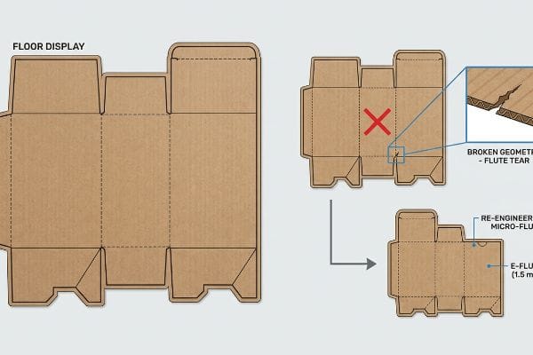 Dieline Flute Tear Solution Corrugated dielines: Floor Display, scaled-down Broken Geometry Flute Tear, Re-Engineered E-Flute (1.5mm).