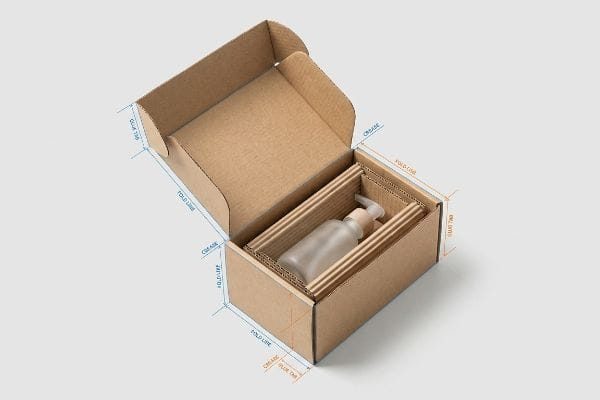 Lotion Box Dieline Design Open corrugated lotion box, frosted bottle, internal insert, showing dieline measurements: Fold Line, Crease, Glue Tab.