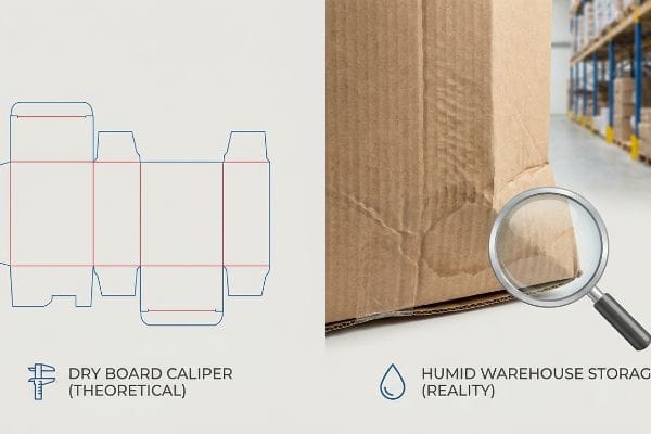 Dieline Humid Storage Corrugated box dieline blueprint, 'Dry Board Caliper (Theoretical)', contrasted with a moisture-swollen cardboard box in a humid warehouse, 'Humid Warehouse Storage (Reality)'.