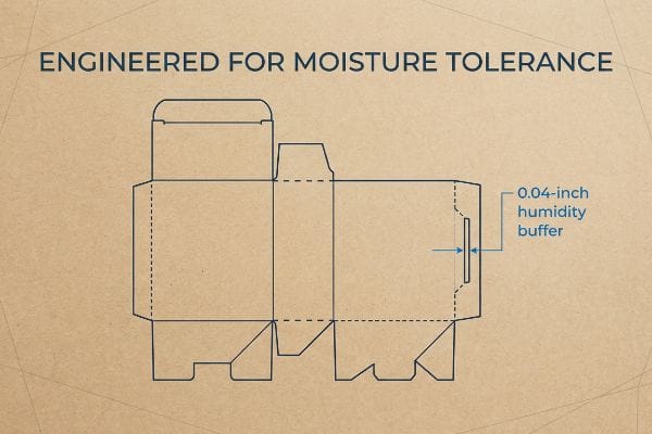 Moisture Tolerant Dieline Buffer A kraft paper-colored background displays a dieline for a box, highlighting 'Engineered For Moisture Tolerance' and a '0.04-inch humidity buffer'.