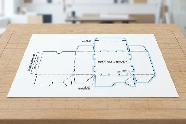 White paper with a die-line blueprint for corrugated packaging, showing a Humidity Buffered Reality adjustment of 1.2 mm for interlocking tabs.