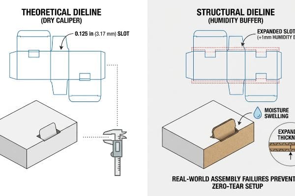 Dieline comparison: Dry Caliper (0.125-inch slot) vs. Humidity Buffer (Expanded Slot) prevents corrugated moisture swelling.