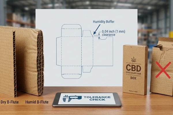 Humidity Buffer Tolerance Check B-flute corrugated samples, a dieline illustrating 0.04 inch (1 mm) humidity buffer, and a CBD Chocolate Bar Box with a tolerance check.