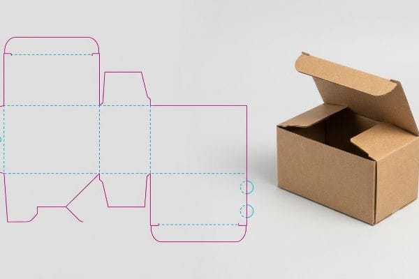 Dieline and Cardboard Box 2D dieline blueprint with magenta cut lines and cyan fold lines next to an open kraft cardboard box, illustrating packaging design.