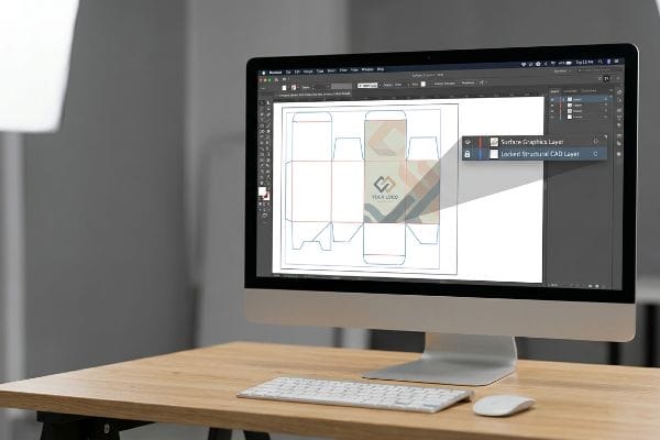 Computer screen displays a packaging dieline design in software, highlighting 'Surface Graphics Layer' and 'Locked Structural CAD Layer' in the layers panel.