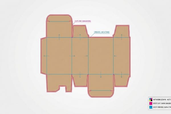 Brown cardboard box dieline with magenta cut lines and cyan crease lines, detailing Spot Cut (100% Magenta) and Spot Crease (100% Cyan).