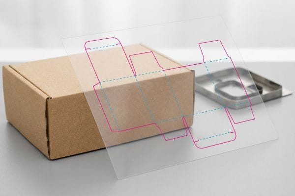 Dieline Spot Colors Transparent dieline with magenta cut lines and cyan crease lines overlaid on a brown corrugated cardboard box, illustrating prepress spot colors.