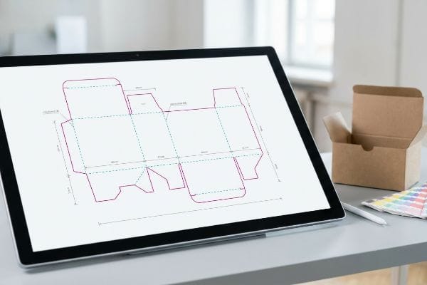 A tablet screen displays a detailed box dieline with magenta cut lines and cyan crease lines, beside a brown cardboard box.